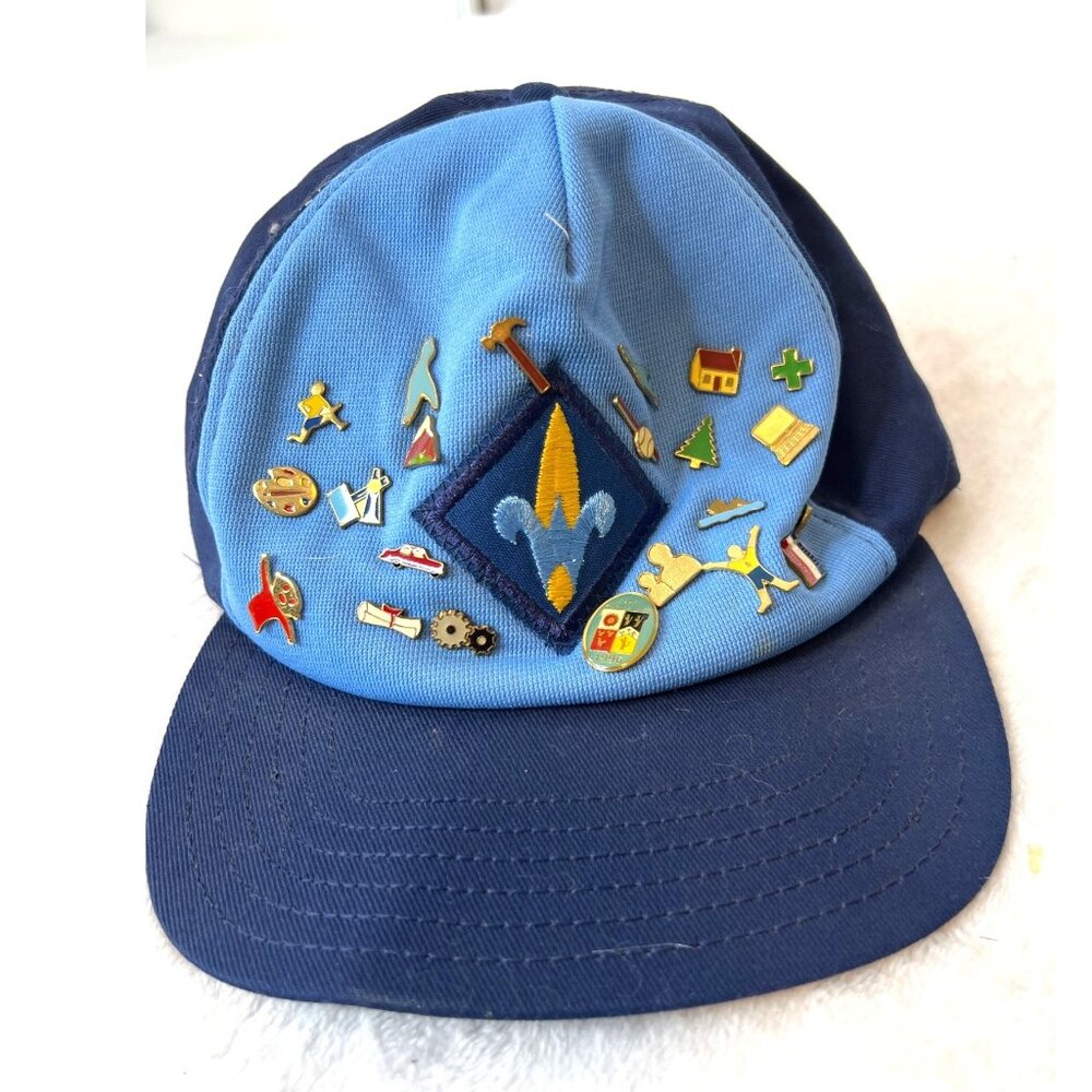 Vintage Cub Scout Webelos Hat Cap Youth Kids Uniform Blue USA Snapback with Pins